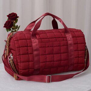 Burgundy Quilted Puffer Weekender Bag Travel Duffel Tote Carry-On Gym Overnight